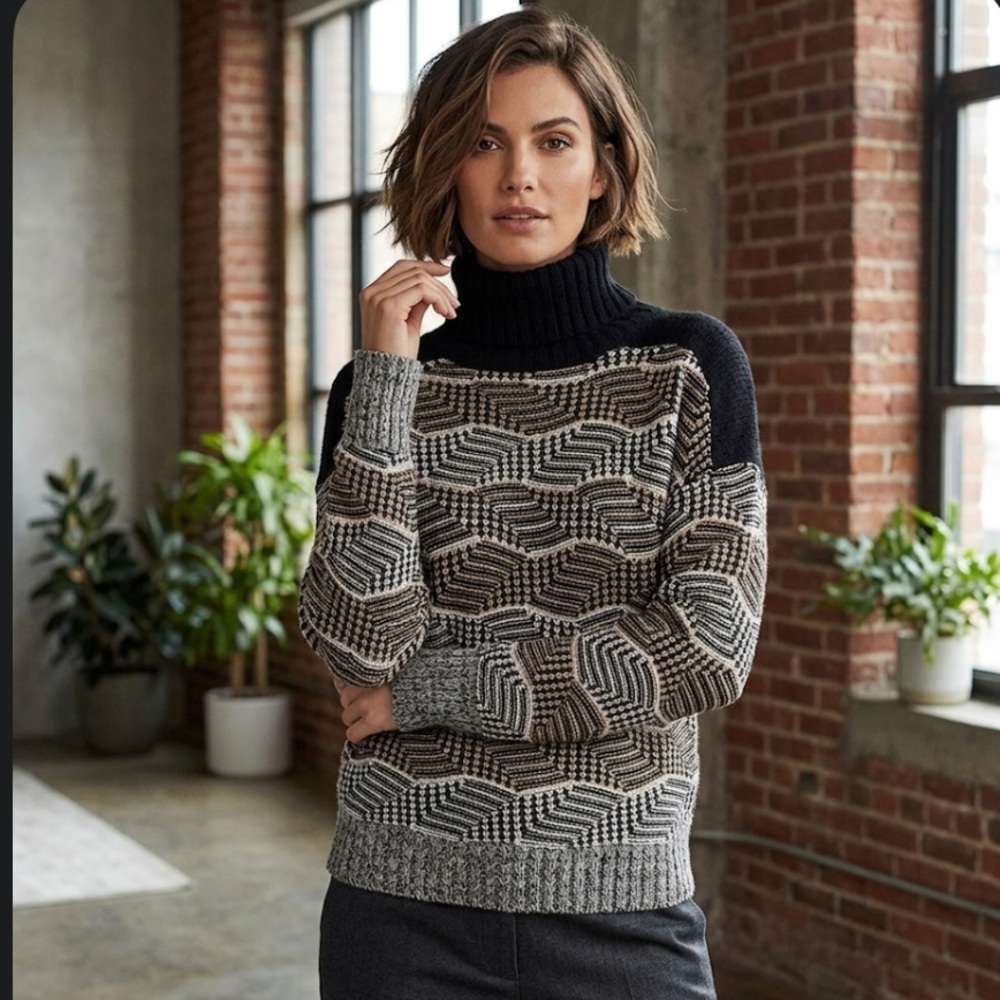BY Malene Birger Printed Turtleneck Black and Brown Patterned Sweater Size S/M